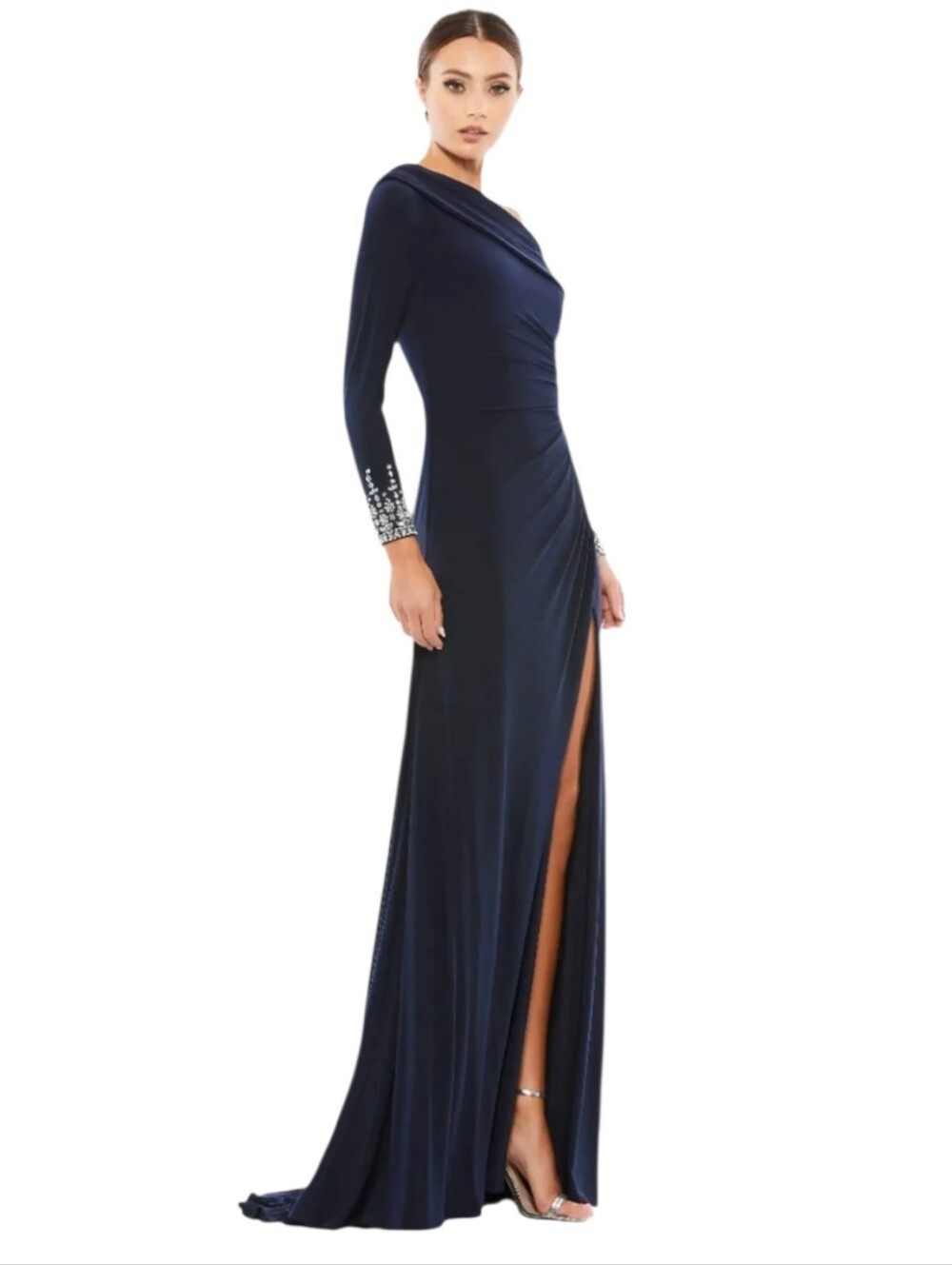 Mac Duggal 12231 Navy Beaded Cuff Drop Shoulder Wrap Gown NEW